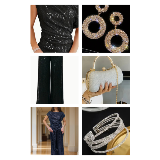 bluzka wieczorowa-bluzka cekiny-bluzka czarna elegancka-bluzka na impreze-spodnie koronkowe-spodnie wieczorowe-czarne eleganckie spodnie-wieczorowa bizuteria-torebka wieczorowa